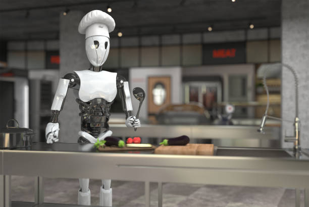 A humanoid robot chef cooks dishes in a restaurant kitchen. Replacing human labor with robotics. Future concept with smart robotics and artificial intelligence. 3D rendering.