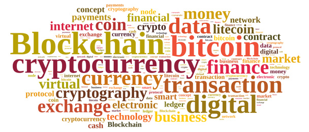 Illustration with word cloud with the word Blockchain.